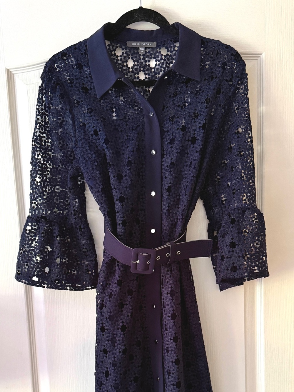 julia jordan Navy Crochet Lace Button-Front Dress with Belt